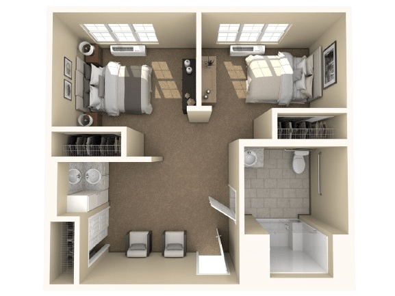 Spacious two-bedroom apartment with natural light, private closets, and a shared bathroom for comfortable living.