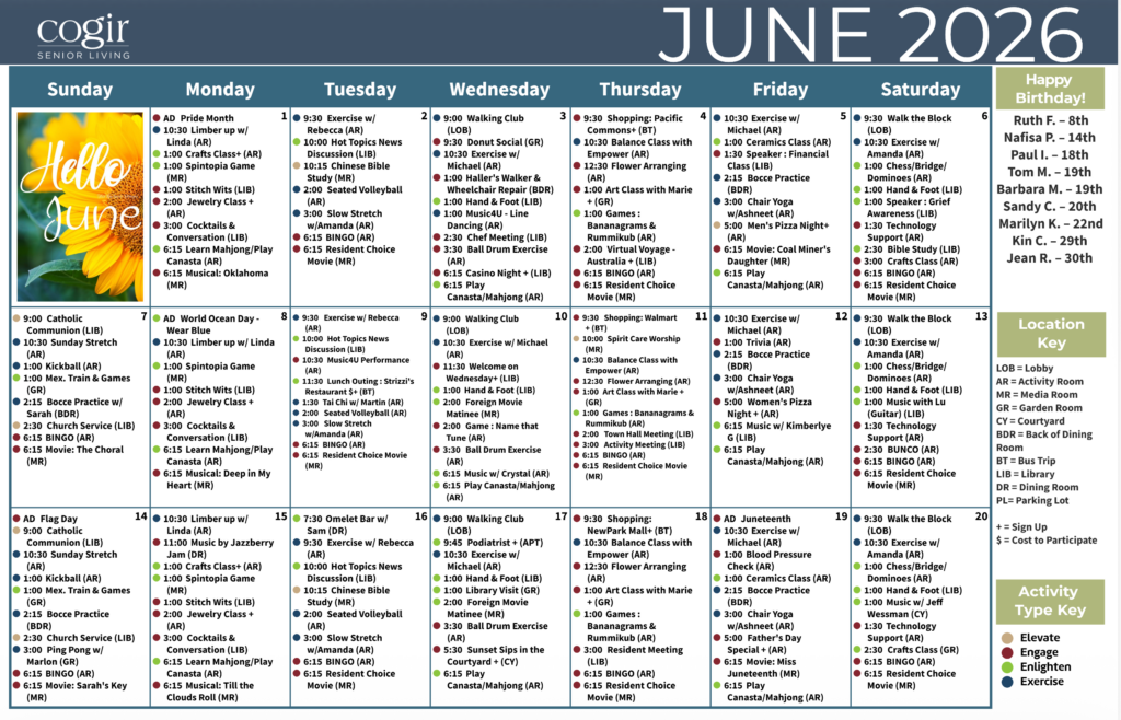 Monthly activity calendar showing diverse social and wellness events fostering connection and engagement.