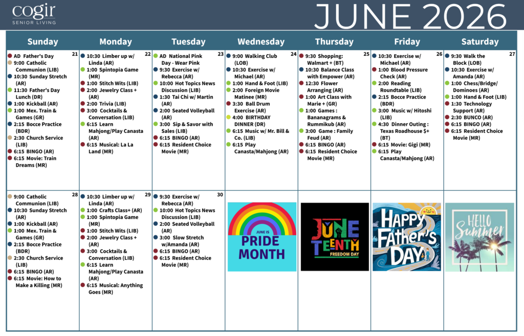 June 2026 calendar highlighting engaging senior activities that promote community and wellness.