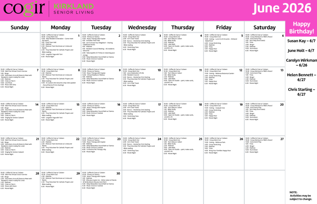Monthly activity calendar for Cogir Kirkland Senior Living highlighting community events and celebrations.