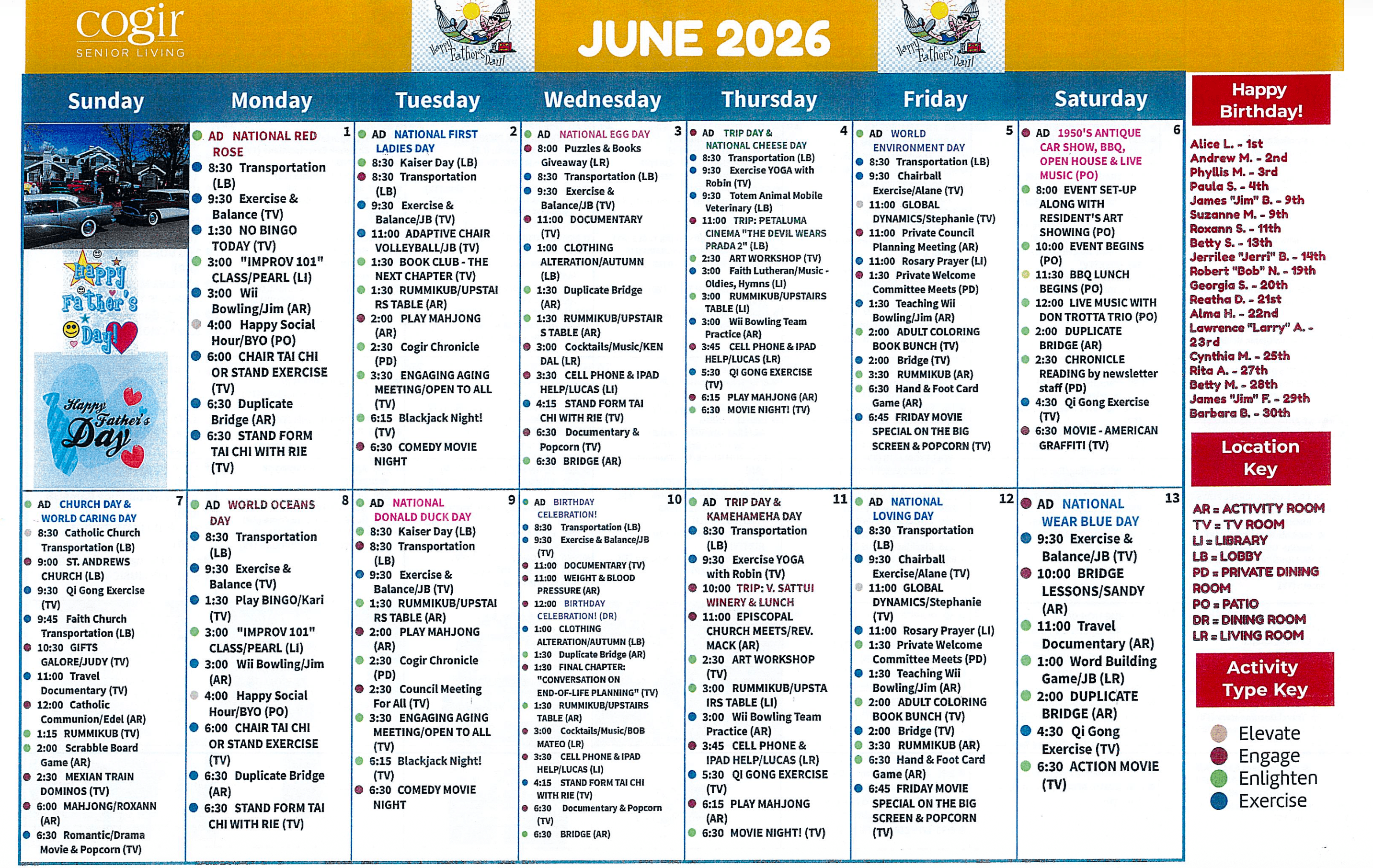 Monthly activity calendar showcasing diverse social, fitness, and educational events for seniors.