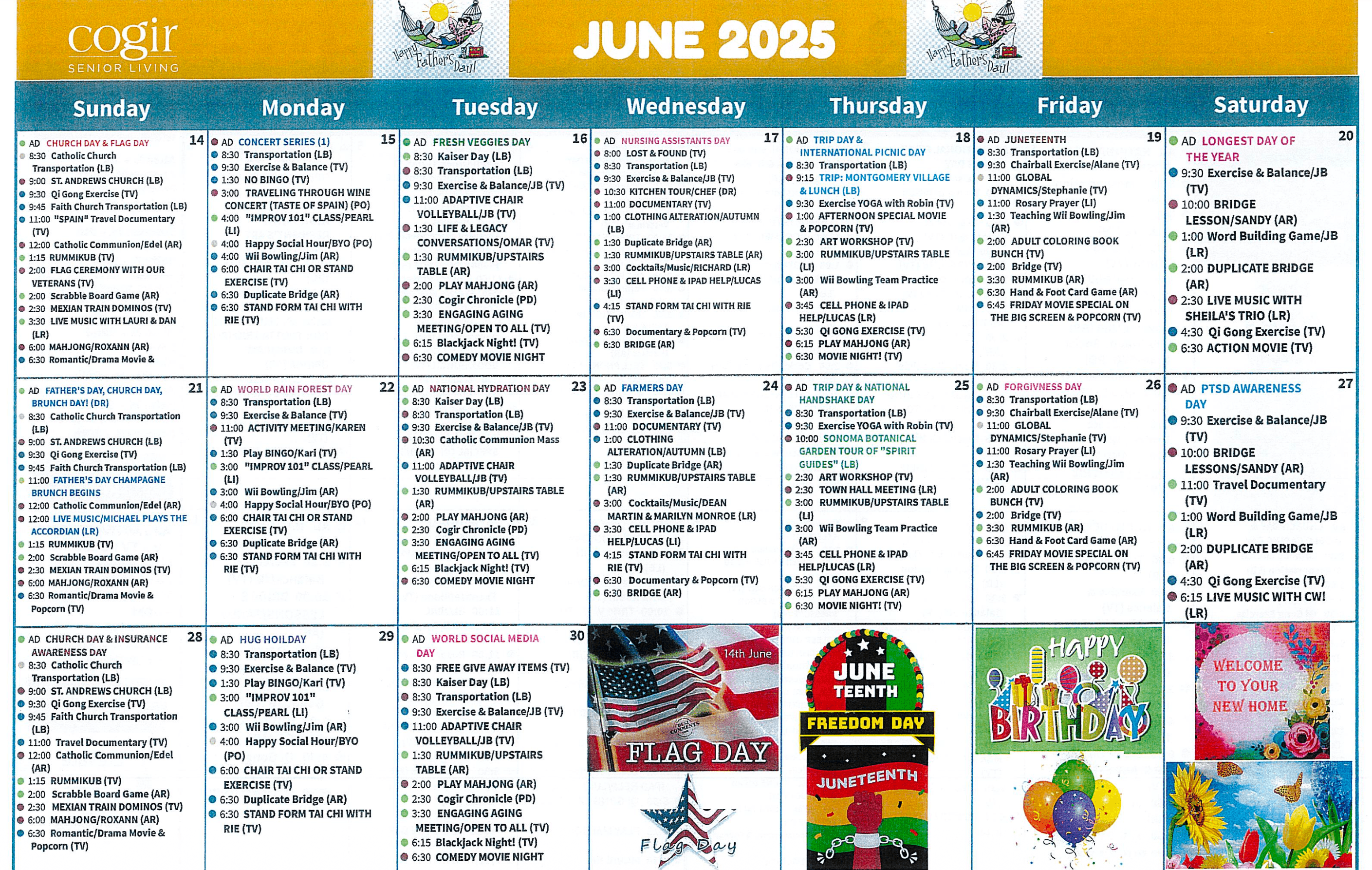 Colorful monthly calendar highlighting vibrant social and wellness activities for seniors in a welcoming community.