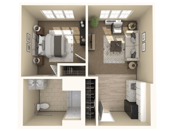 Bright and inviting one-bedroom retirement unit with a spacious living area and natural light.