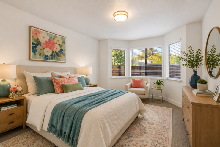 Bright, inviting bedroom with comfortable seating, warm lighting, and thoughtful decor for relaxing moments.