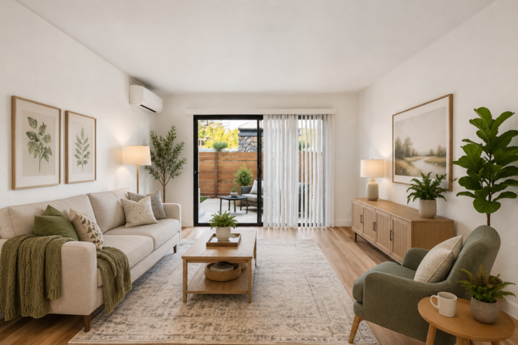 Bright and inviting living room with comfortable seating and natural decor, opening to a peaceful patio.