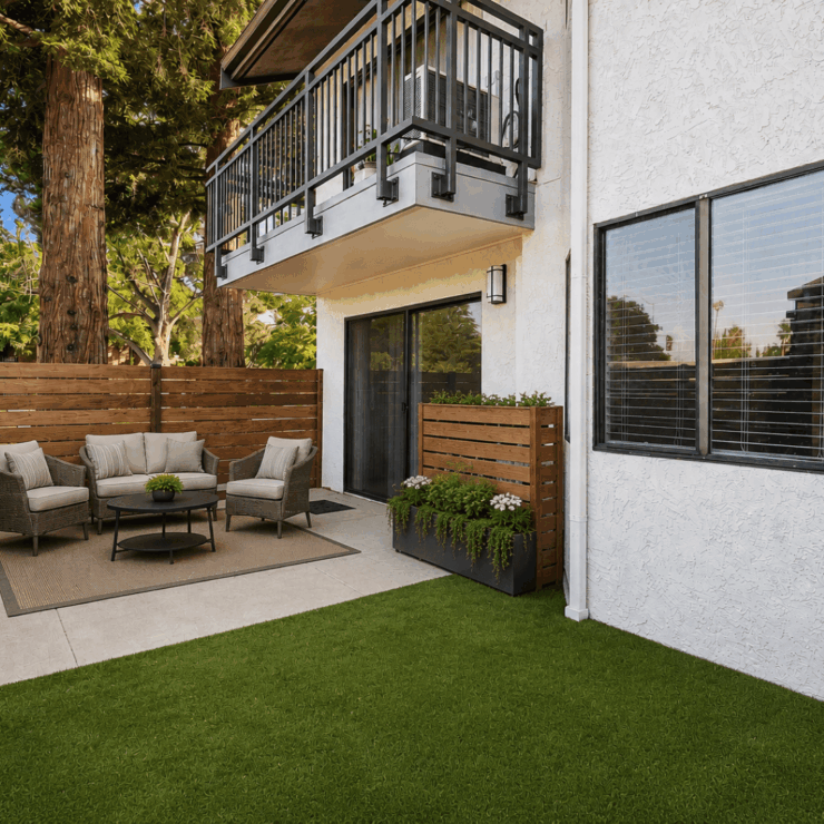 Outdoor patio with comfortable seating, greenery, and a welcoming, peaceful atmosphere.