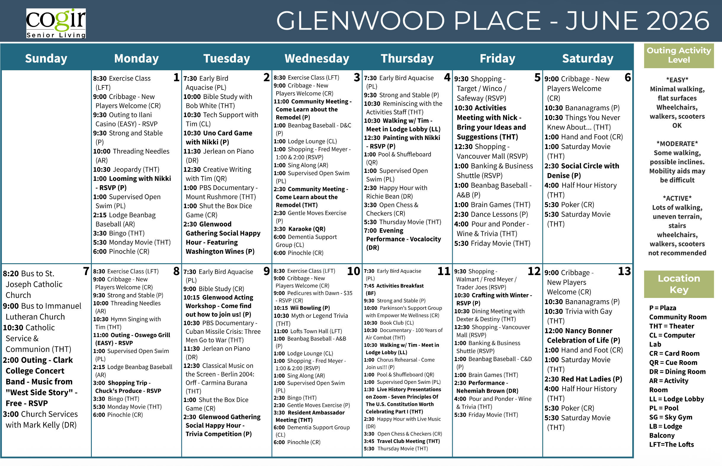 Weekly calendar of engaging activities and social events fostering connection at Glenwood Place.