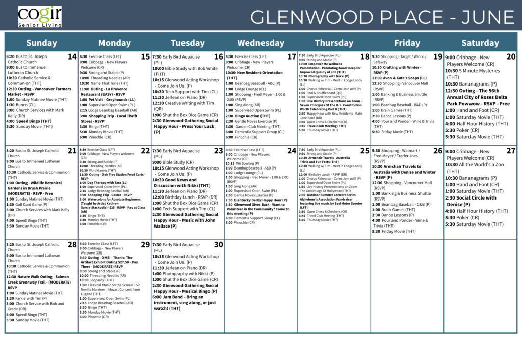 Monthly activity calendar highlighting social, wellness, and recreational events for an engaged senior community.