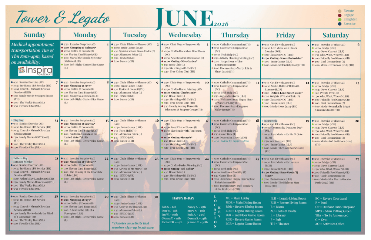 Monthly activity calendar highlighting diverse wellness and social programs for an engaged community.