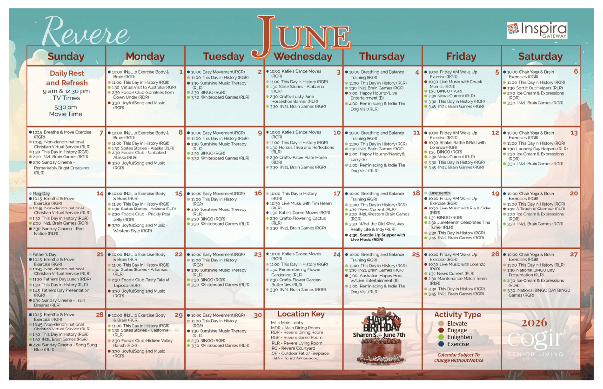 Monthly activity calendar showcasing engaging events and a welcoming senior community atmosphere.