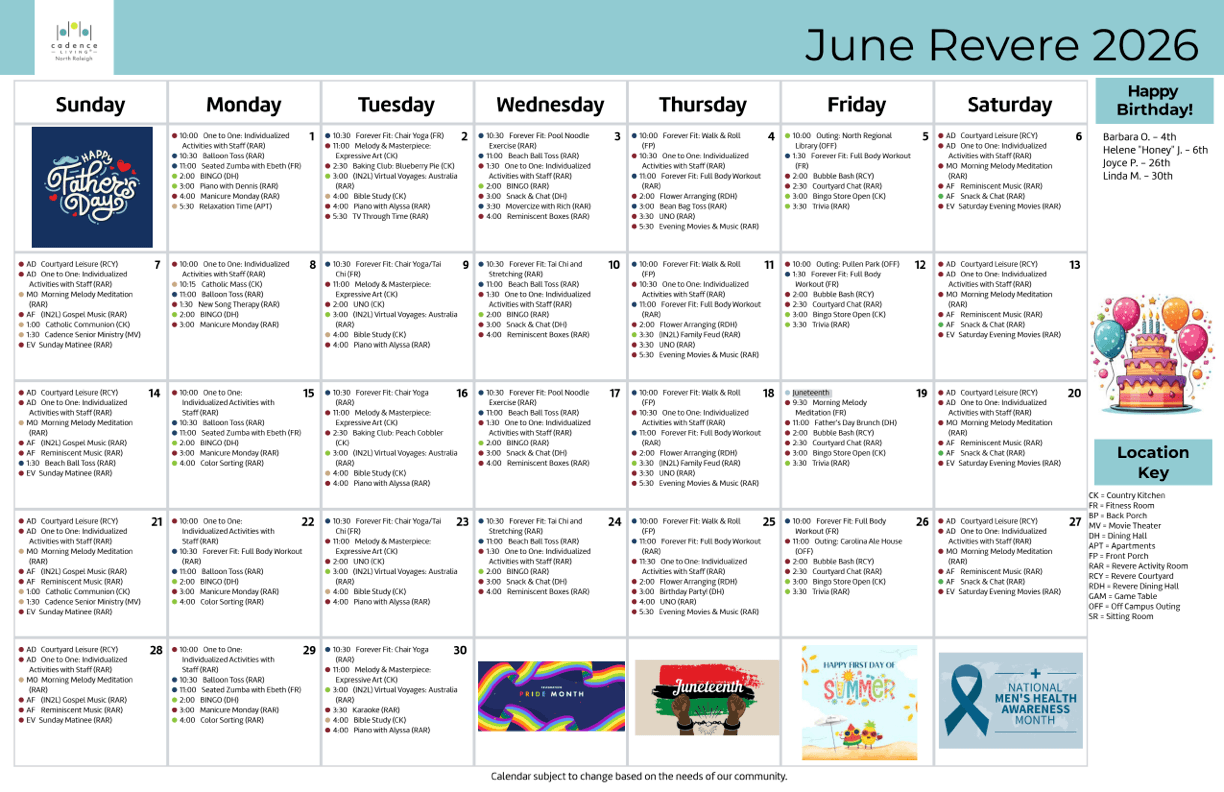Monthly activity calendar showcasing engaging group events fostering connection and well-being.