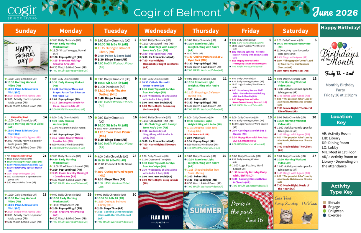 Welcoming community calendar highlighting diverse activities and celebrations for active senior living.