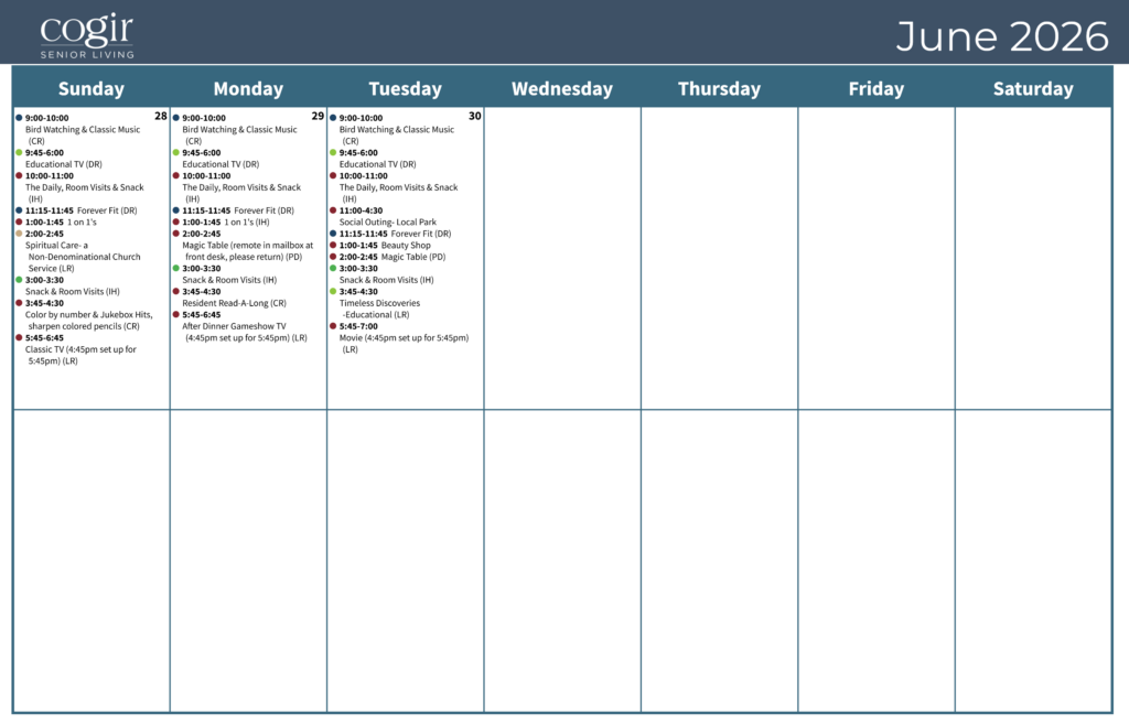 Weekly activity calendar highlighting engaging events for residents in a welcoming community setting.