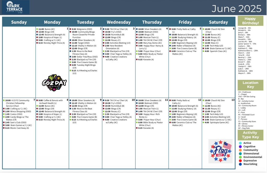 Senior living calendar highlighting daily activities promoting connection and well-being.