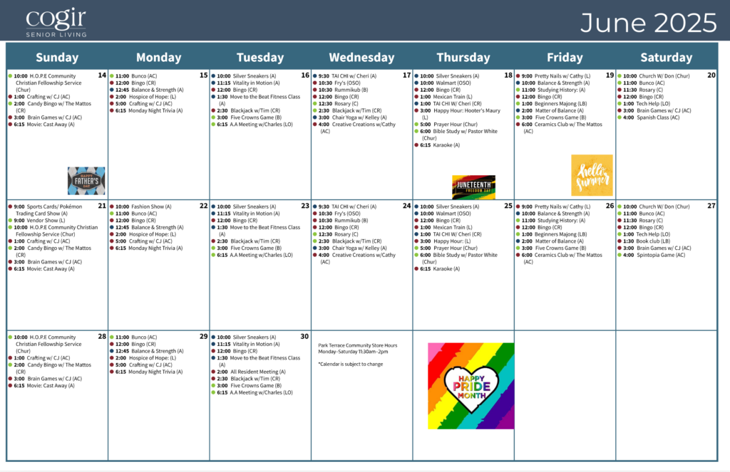 Colorful monthly calendar displaying engaging activities and social events for a vibrant senior community.