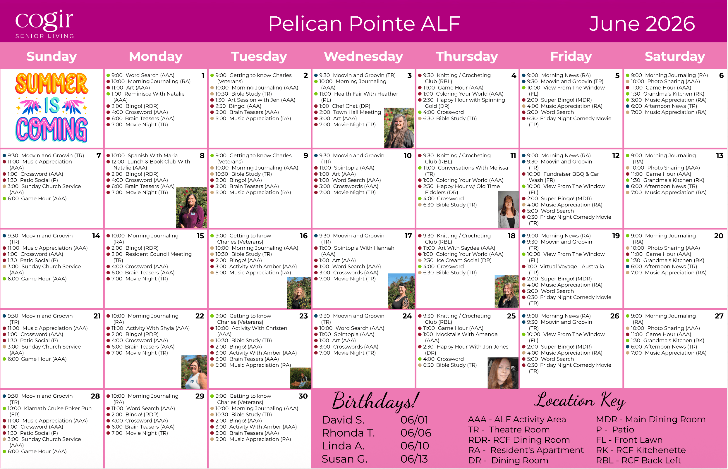Monthly calendar showcasing diverse social and wellness activities fostering connection and engagement.