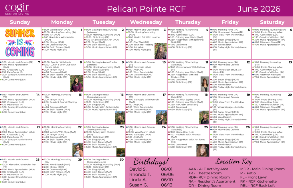 Monthly activity calendar showcasing diverse social, creative, and wellness events in a vibrant community.
