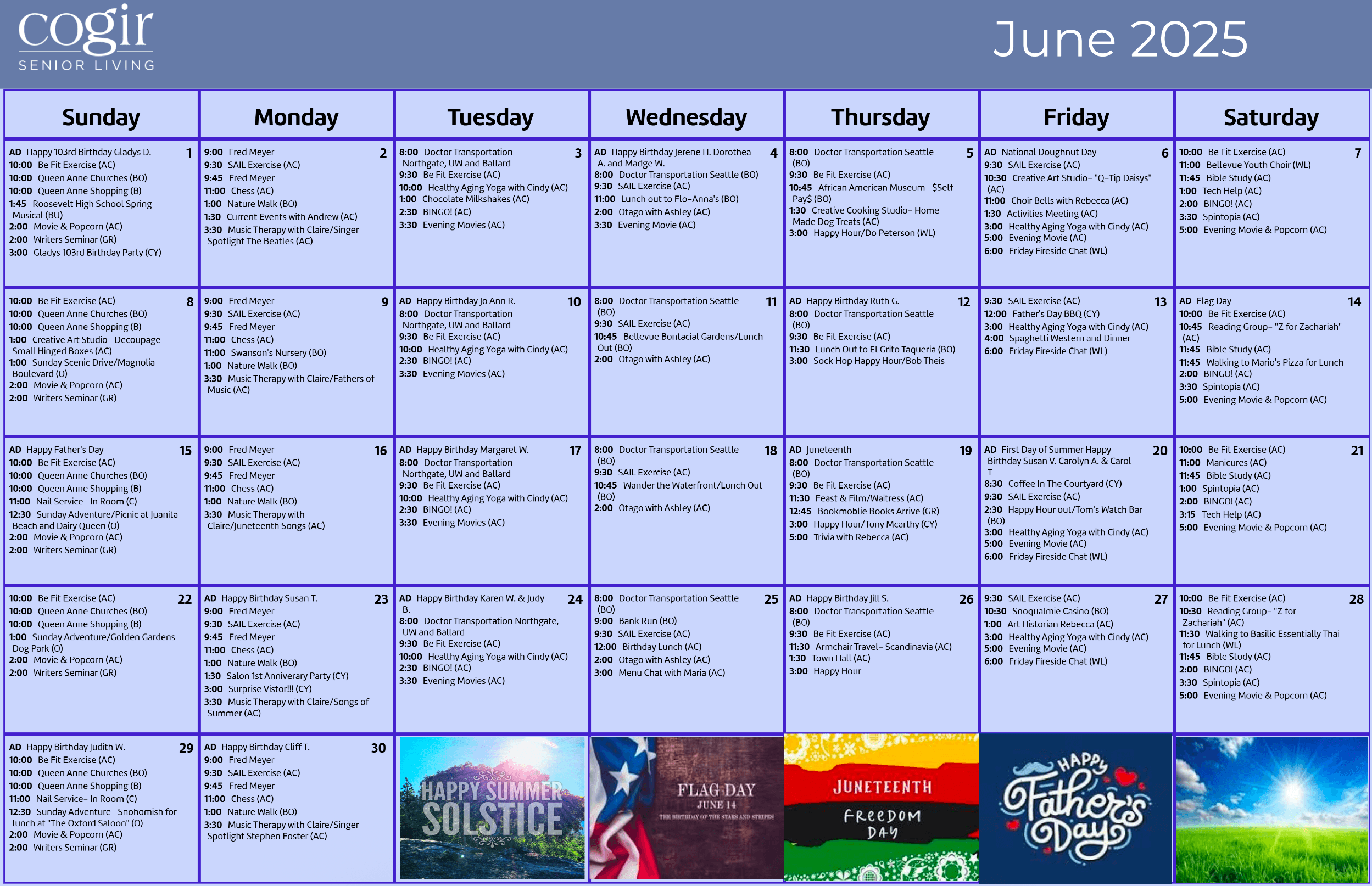 Senior living monthly calendar highlighting diverse activities fostering community and engagement.