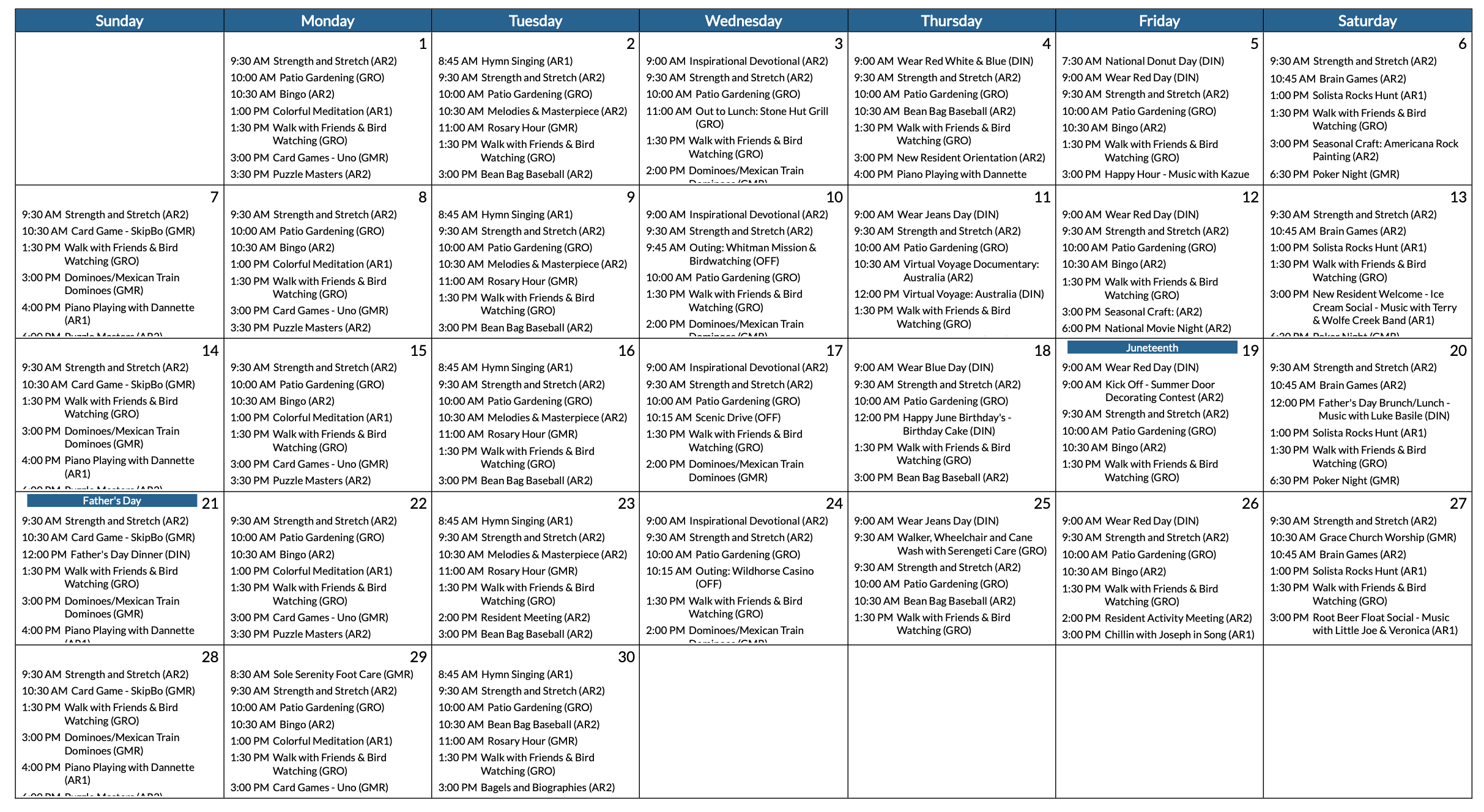 Monthly activity calendar highlighting wellness, social, and recreational events for an engaging community.