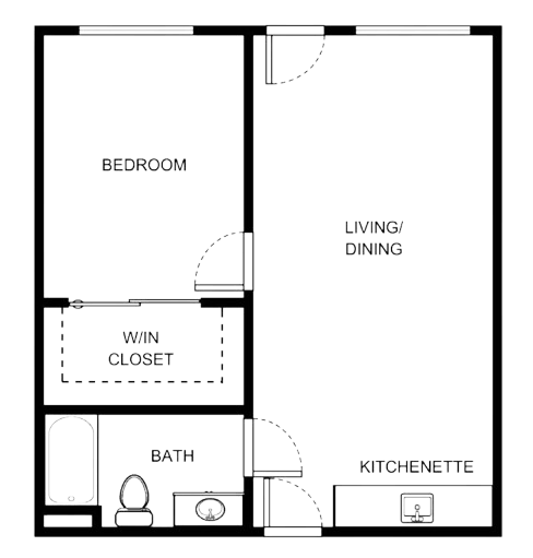 One-bedroom apartment layout featuring a spacious living/dining area and convenient kitchenette.
