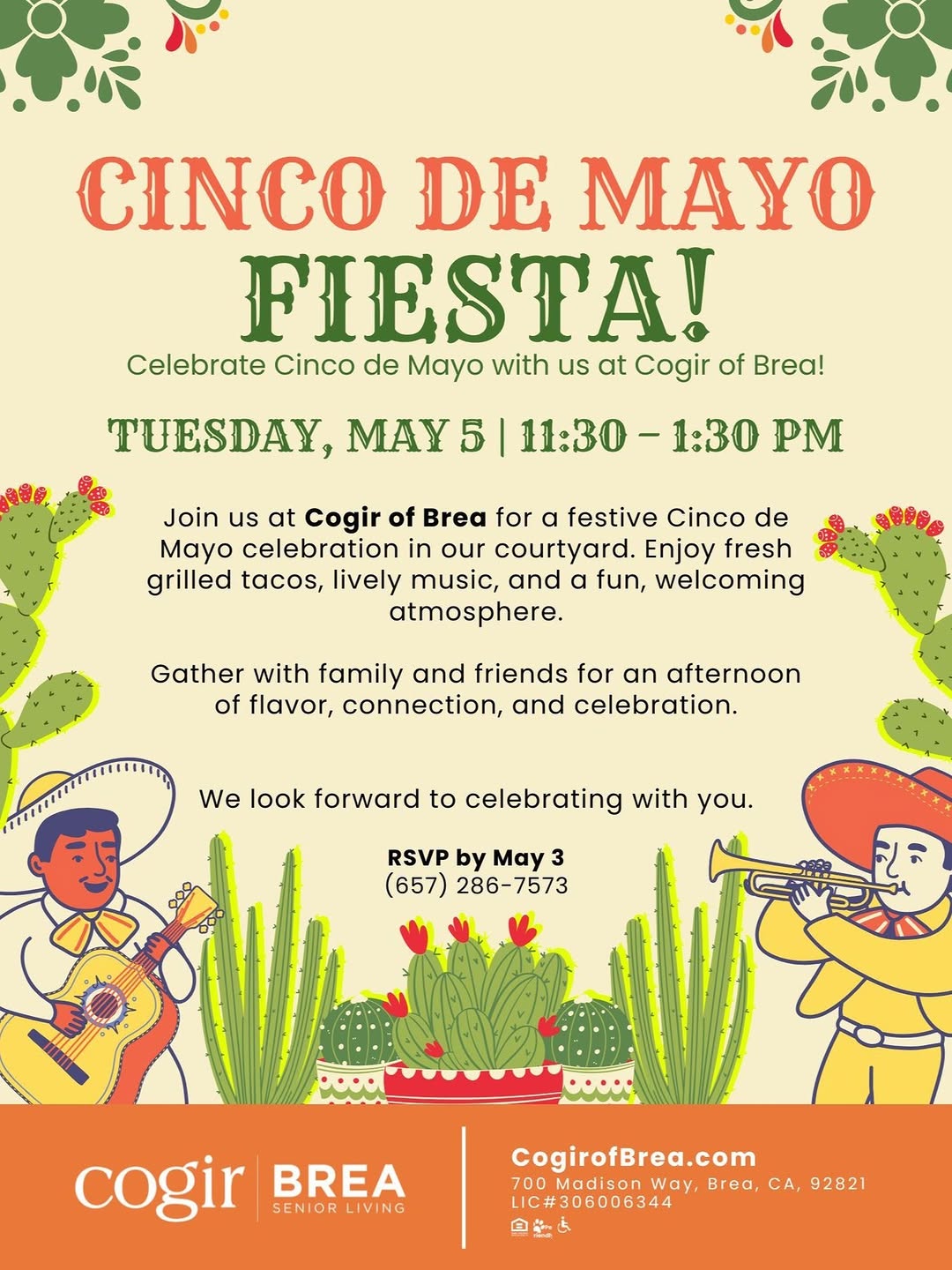 We had a great time celebrating Cinco de Mayo! Our residents and families enjoyed delicious food, festive decorations, lively entertainment, and of course margaritas. It was a wonderful afternoon filled with laughter, music, and great memories shared together. 🎉🌮🍹#CogirOfBrea #CincoDeMayo #SeniorLivingFun #ResidentLife #FamilyAndFriends #CelebrationTime #FestiveFun #MakingMemories #SeniorLivingCommunity #GoodTimes #FiestaFun #MargaritasAndMemories #CommunityLife #LiveWithJoy #AssistedLivingActivities