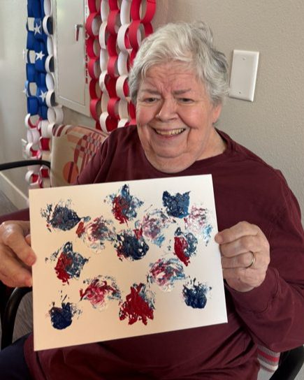 Red, white, and blue smiles! ❤️🤍💙 Our Memory Care residents are getting festive and ready for the 4th of July with some patriotic artwork. Activities like these bring out creativity, encourage engagement, and create meaningful moments together. We can’t wait to celebrate Independence Day with our wonderful residents!
