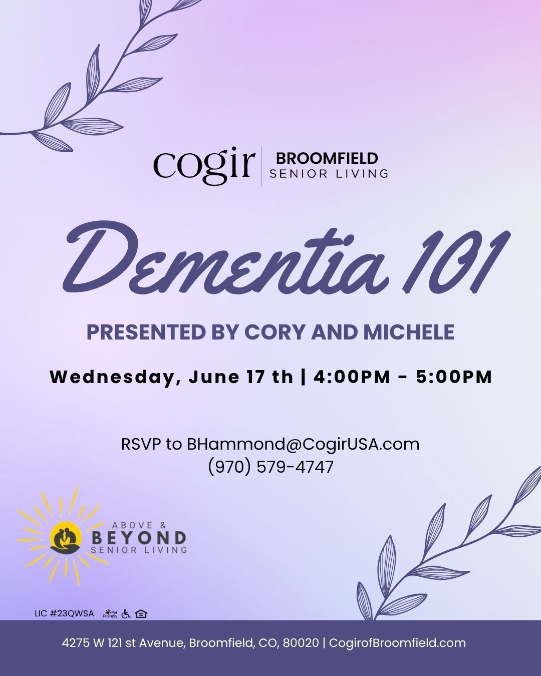 ✨ Join Us for Dementia 101 ✨ Cogir of Broomfield Senior Living is proud to host a free educational workshop focused on understanding dementia and dementia care. 💜 Presented by Cory and Michele, this informative session will cover: • Dementia education & caregiving • Communication strategies • Family support resources • Guidance for navigating the journey with a loved one 📅 Wednesday, June 17 ⏰ 4:00PM – 5:00PM 📍 Cogir of Broomfield Senior Living