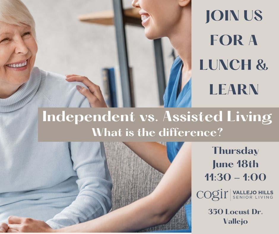 Have you ever wondered about the difference between Independent Living and Assisted Living? Whether you’re planning for yourself or helping a loved one navigate senior living options, this informative event is designed to provide clarity, guidance, and answers to your questions. Join us on Thursday, June 18th from 11:30 – 1:00 PM at Cogir of Vallejo Hills! Kindly RSVP by June 15th to (707)553-2698. #SeniorLiving #AssistedLiving #IndependentLiving #Vallejo #LunchAndLearn #SeniorCare #SeniorLivingOptions #VallejoCA #SeniorLifestyle #LunchAndLearn