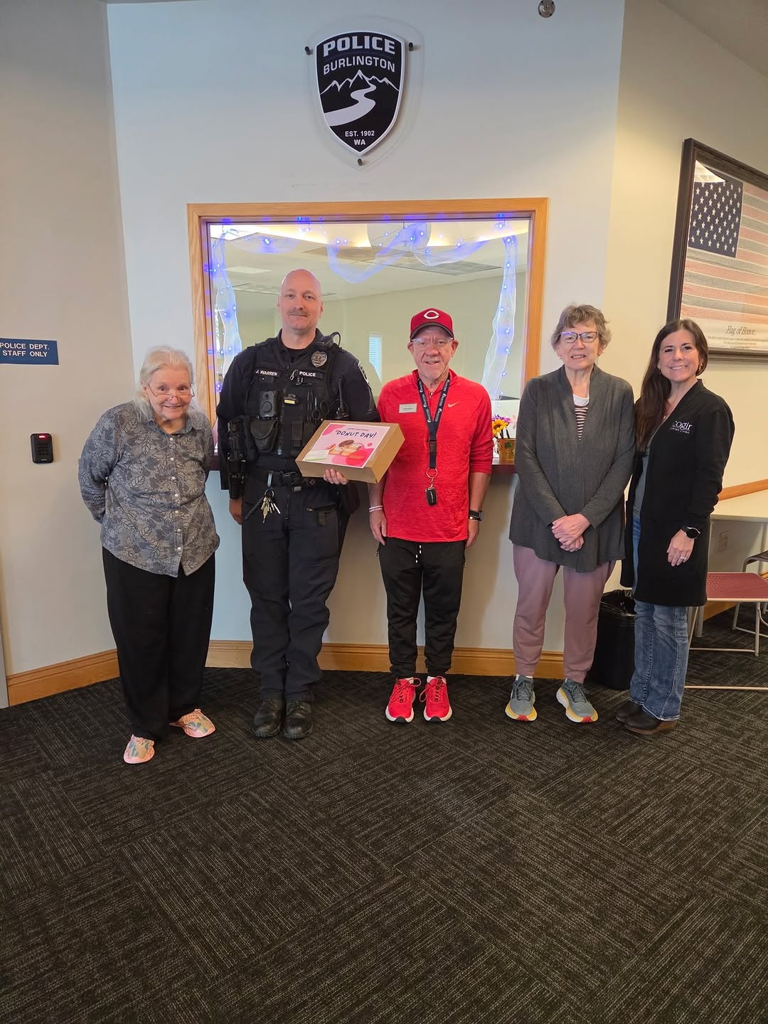 It’s always great when we can give a big Thank You to the men and woman who serve our community. Community Relations Director Autumn Cameron and Lifestyle Director Todd Sullivan were joined by residents Liz and Elsa in presenting the Burlington Police Department donuts and gratitude. Thank you for all you do for us here at HomePlace and our community.