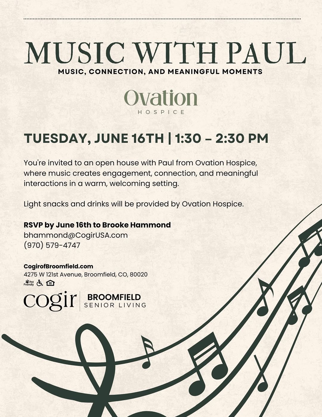 🎶 Join us for an afternoon of music, connection, and meaningful moments at Cogir of Broomfield! We’re excited to welcome Paul from Ovation Hospice for a special Music with Paul Open House on Tuesday, June 16th from 1:30–2:30 PM. Enjoy live music, light refreshments, and great company while learning how music can bring people together. We’d love to see you there! 🎵💚