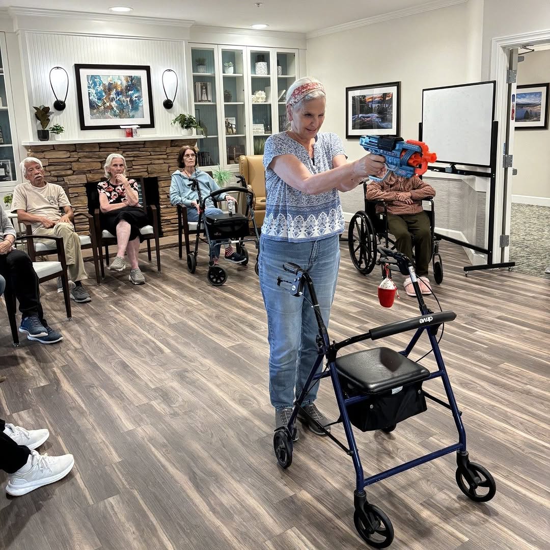 New additions to our week! “Minute to Win It” games. 🎯#cogirseniorliving #cogirFolsom #nerf