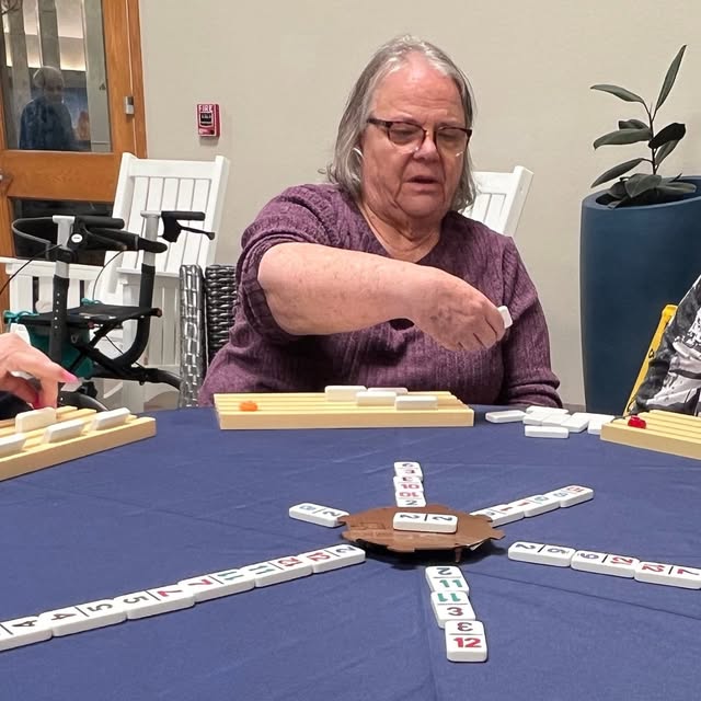 🚂 All aboard the Mexican Train, a fun and engaging domino game! Every Sunday, our residents gather for one of the most popular games in the community. There are plenty of laughs, a little friendly competition, and maybe a few sneaky strategy moves along the way! 😉 Whether you’re a seasoned player or have never played before, there’s always room at the table. Come join the fun and see why everyone loves Mexican Train!