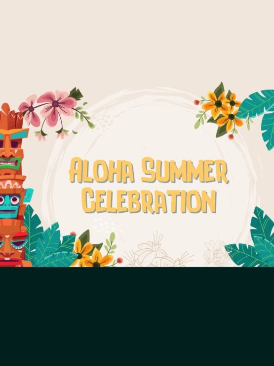 Tropical-themed invitation with colorful flowers and tiki masks for a summer community event.