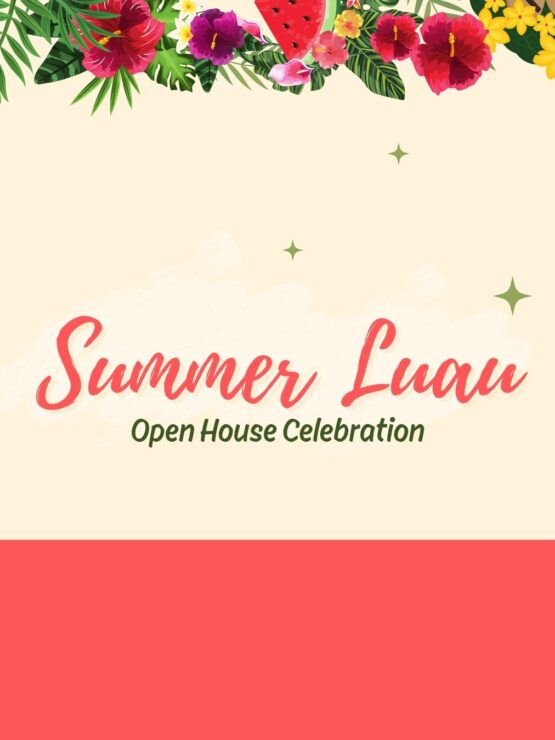 Bright tropical flowers frame a joyful summer luau open house celebration invitation.