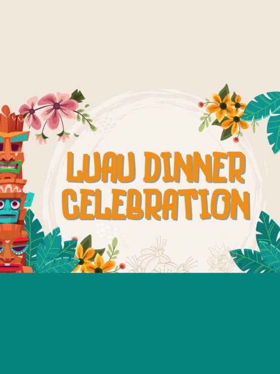 Tropical-themed Luau Dinner Celebration with vibrant flowers and friendly tiki totem art.