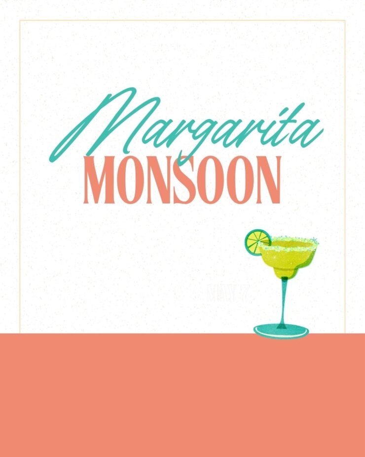 Event promotion with inviting text and a margarita illustration, suggesting a fun community gathering.