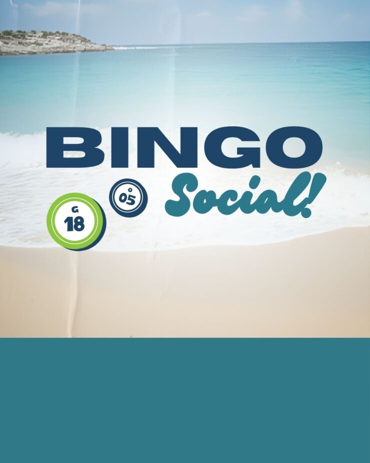 Bright beach background with bold text inviting to a friendly bingo social event.