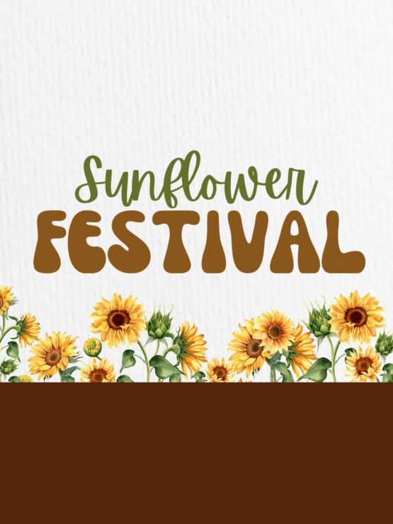 Bright sunflowers border a warm, inviting space celebrating community and joyful connection.