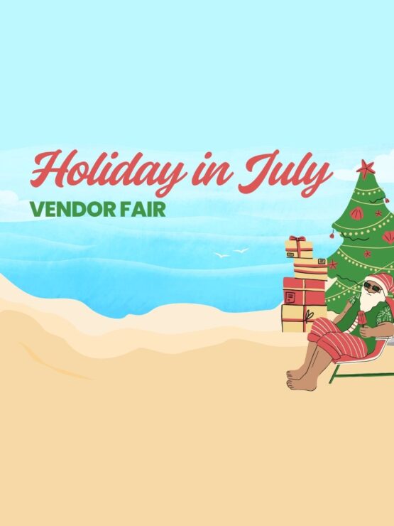 A relaxed Santa enjoys summer by the beach with a decorated tree and holiday gifts nearby.