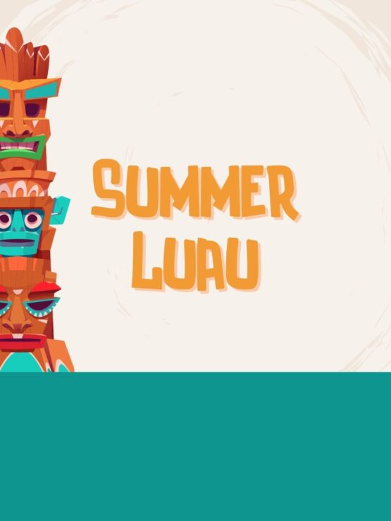 Tiki totem design with warm colors and inviting text promoting a summer luau event.