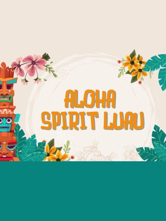 Tropical-themed event backdrop with vibrant flowers and tiki statues celebrating community spirit.