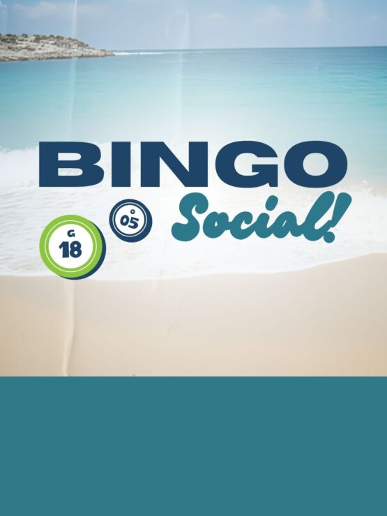 Gentle ocean waves with a bright, inviting Bingo Social event message for community engagement.