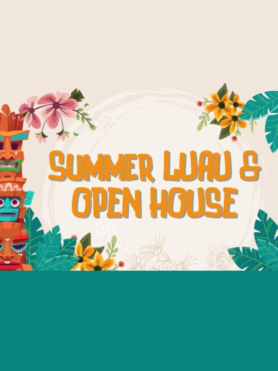 Bright, inviting design promoting a community summer luau and open house event with tropical accents.
