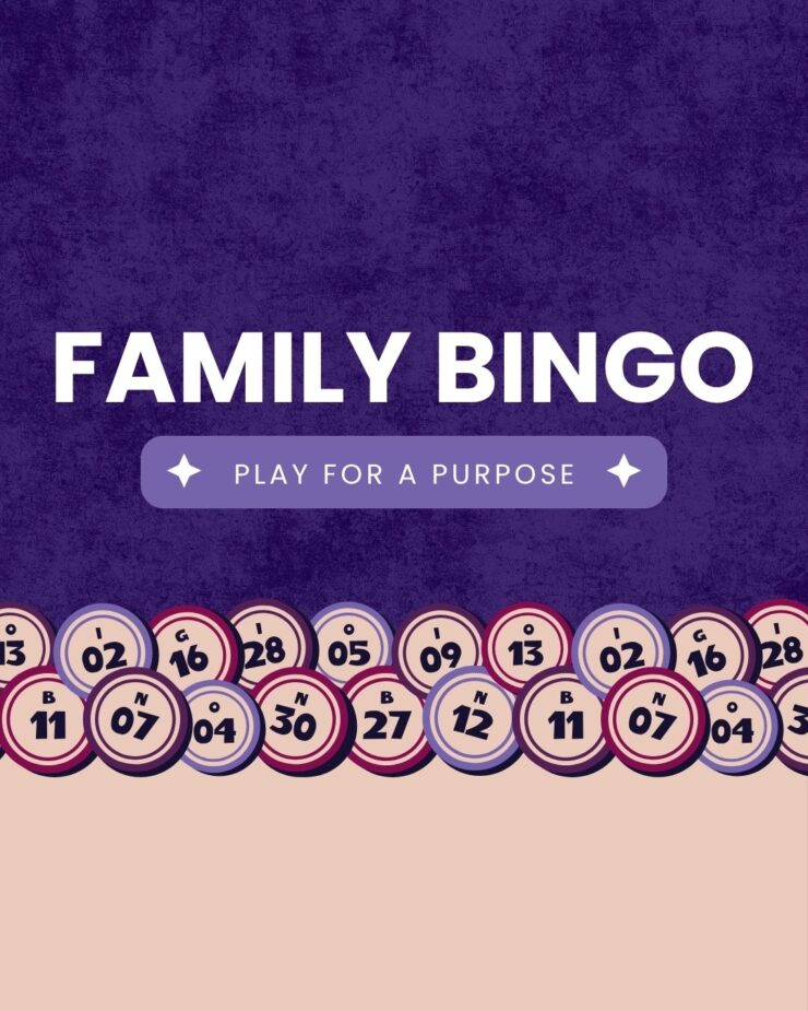 Bingo game announcement with friendly colors, promoting fun and purposeful community engagement.