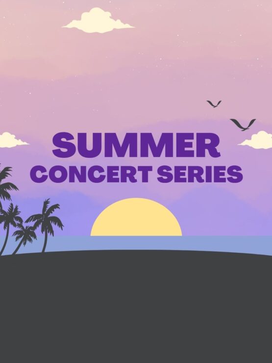 Sunset over calm ocean with palm trees and birds welcoming the summer concert series event.