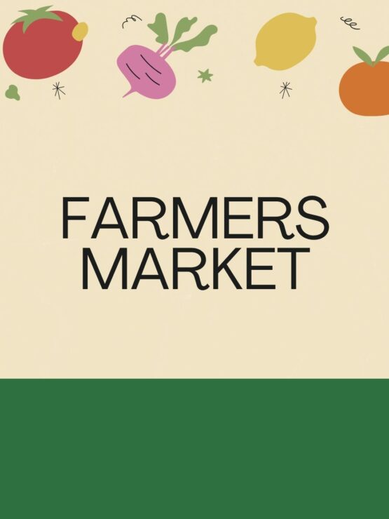 Friendly farmers market event announcement with fresh vegetable and fruit illustrations above text.