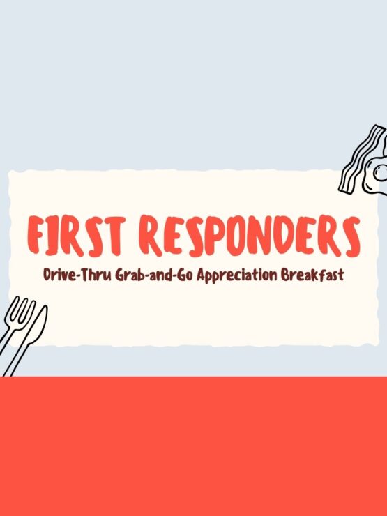 Community event flyer showing appreciation breakfast for first responders with friendly graphics.