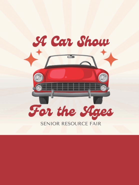 Classic red convertible car illustration promoting a friendly senior resource fair event.