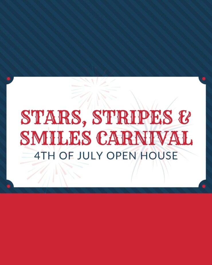 Festive event invitation featuring patriotic colors and a welcoming community celebration theme.