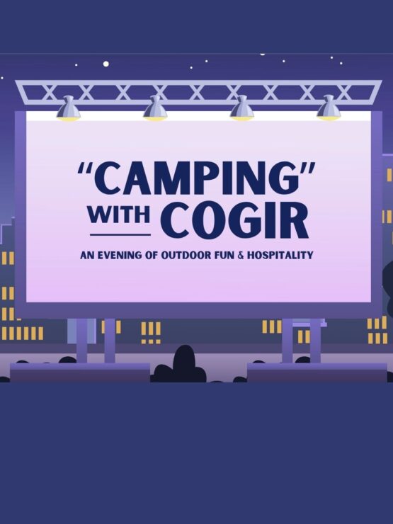 Outdoor evening event promoting community fun and hospitality under a starry night sky.